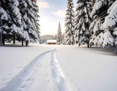 A tranquil winter landscape with snow track leading to remote cabin in pine forest. peaceful nature scenery with beautiful morning sunlightの素材