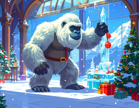 A gentle white yeti happily decorating christmas tree with red ornament. festive winter fantasy illustration with snow inside large hallの素材
