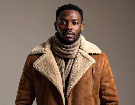 A serious black man in stylish winter fashion portrait. confident adult model wearing brown shearling jacket and turtleneck sweater indoorsの素材