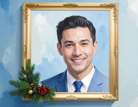 A happy smiling man portrait in an ornate gold frame with festive christmas decoration. formal professional in suit for holidayの素材