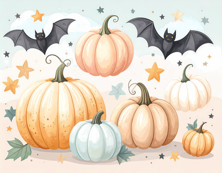 A cute spooky halloween illustration with autumn pumpkin, bat, and star. festive watercolor design for seasonal fall holiday decorationの素材