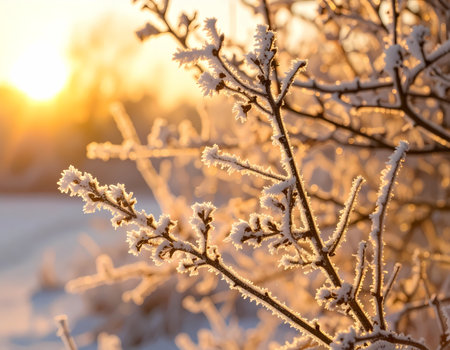 A peaceful winter sunrise with golden sunlight on frost covered branch. beautiful, calm, and serene nature background for cold morning sceneの素材