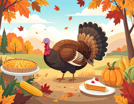 A happy turkey illustration for thanksgiving holiday celebration in autumn. fall harvest of food, pumpkin, and pie in festive landscapeの素材