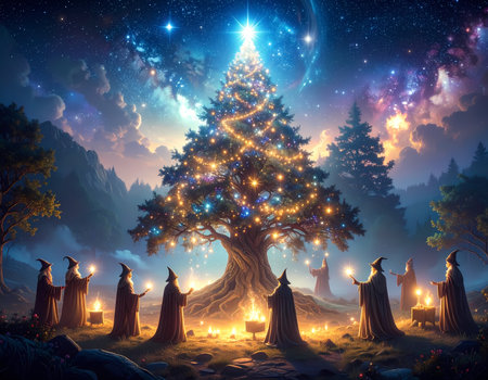 A wondrous wizard gathering in fantasy forest celebrate magic ritual with luminous decorated tree under cosmic, starry night skyの素材