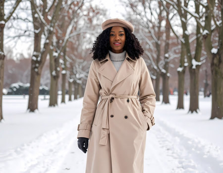A smiling woman in fashion trench coat and beret enjoys happy walk in winter park covered in snow. she looks confident and stylishの素材