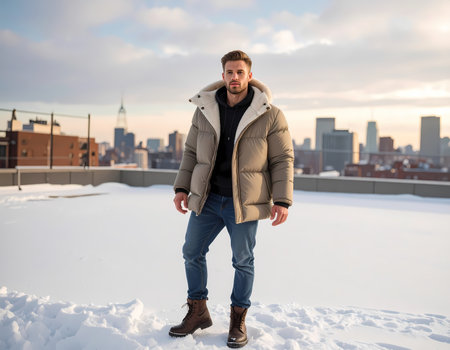 A confident young man in puffer jacket standing on snowy rooftop with winter city skyline view at sunset. urban fashion model posingの素材