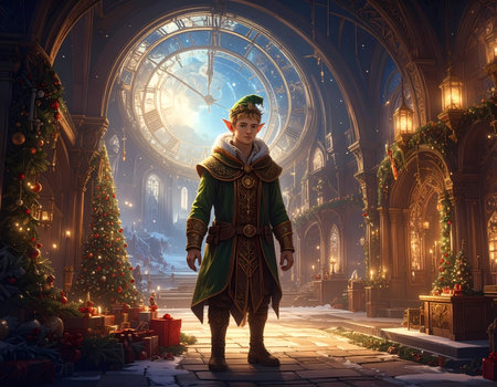 A hopeful young elf in magical christmas workshop hall. festive decoration and giant clock create winter wonderland full of presentsの素材