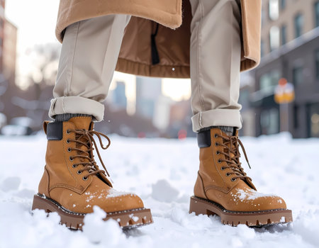 A confident person standing in fresh snow on city street in winter. close up of brown leather boot, winter fashion, and cuffed pant on cold dayの素材