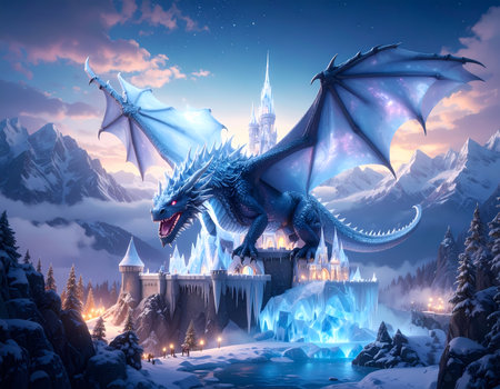 A majestic blue ice dragon over fantasy winter castle. powerful creature in magical snow mountain landscape with glowing frozen fortressの素材