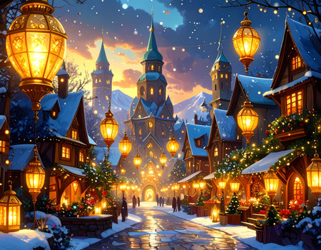 A magical christmas village street with festive snow and glowing light from lantern. fantasy town celebration on cozy winter evening backgroundの素材