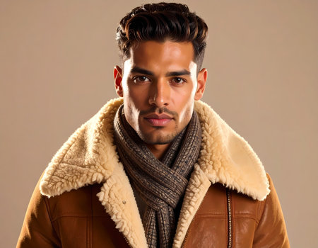 A handsome, confident man in fashion portrait wearing stylish leather jacket and scarf. his serious, intense gaze exudes modern styleの素材