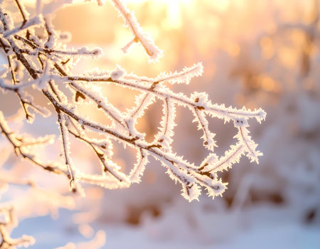 A serene winter nature background with tree branch covered in frost and snow, glowing in warm golden sunlight creating peaceful morning sceneの素材