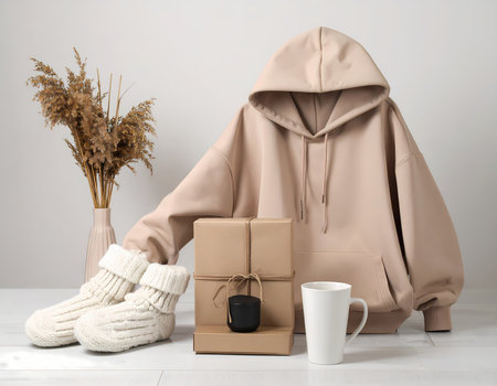 A cozy beige hoodie with warm knit sock, gift box and mug. autumn winter clothing concept for comfortable living room home comfort white backgroundの素材
