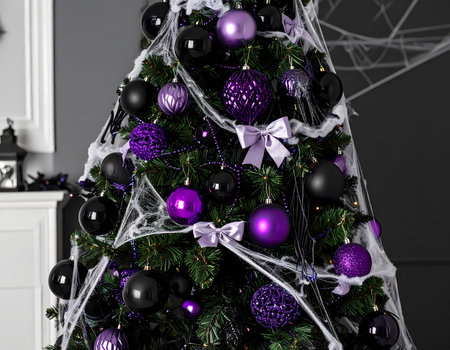 A spooky gothic halloween christmas tree with purple ornament decoration. festive creative alternative holiday celebration creating dark moodyの素材