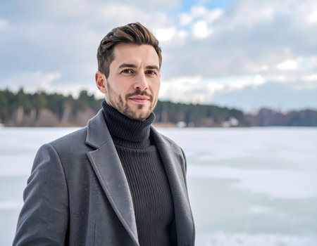 A handsome confident man in stylish grey coat and black sweater poses for portrait outdoors in serene winter landscape by frozen lakeの素材