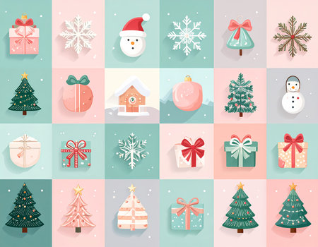 A cheerful christmas holiday winter pattern background. festive set of cute icon illustrations with tree, gift, and snowflake for seasonalの素材