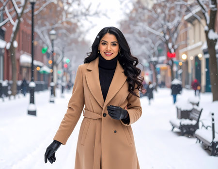 A happy young woman smiling confidently on snowy city street in winter, wearing fashionable camel coat, black turtleneck and gloveの素材