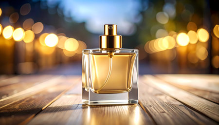 An elegant gold perfume bottle of luxury fragrance. beautiful cosmetic product on wooden surface with warm, glowing bokeh background, creating glamorous and romantic moodの素材