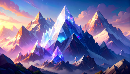 A majestic fantasy landscape of magical crystal mountain peak glowing in sunrise light. beautiful sky and cloud create an awe inspiring and serene sceneの素材