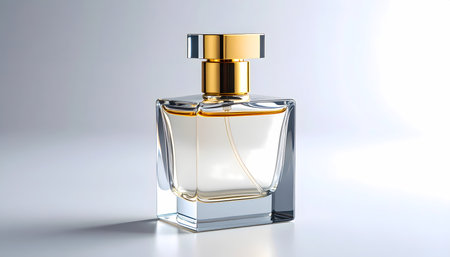 A sophisticated, elegant glass perfume bottle with gold cap. product mockup for beauty and fragrance with classic, luxurious design on clean white backgroundの素材