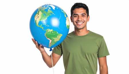 A happy smiling young man holding globe of planet earth. positive person caring for world and environment, representing global conservation and hope for futureの素材