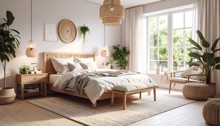 A calm and relaxing bedroom interior with cozy home decor. natural light from large window illuminates wooden furniture and plants creating peaceful atmosphereの素材