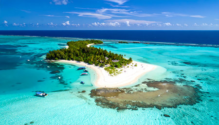 A serene aerial view of beautiful tropical island paradise with white sand beach in clear turquoise ocean water. perfect, remote location for summer vacation escapeの素材