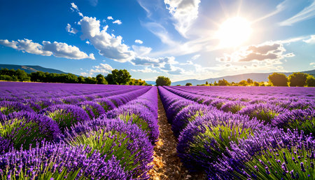 A serene lavender field with beautiful purple flower rows under summer sky and bright sun. this scenic nature landscape feels peaceful and calm, vibrant rural backgroundの素材
