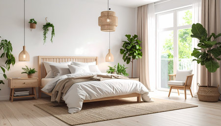 A serene japandi style bedroom interior with wooden bed, white linen, and green plants. natural light from large window creates calm, peaceful, and relaxing atmosphere for cozy morningの素材