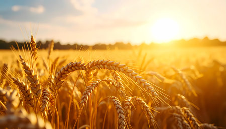 A close up of wheat crop in rural field during golden sunset. warm light from sun illuminates nature, creating beautiful and peaceful agriculture sceneの素材