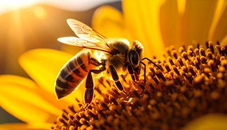 A beautiful macro detail of busy honeybee on vibrant yellow sunflower. peaceful insect collecting pollen in warm summer sunlight, serene scene of nature and pollinationの素材