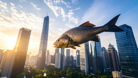 A surreal fantasy concept of giant fish flying over modern city cityscape at sunrise. strange and whimsical scene features big carp floating in sky above skyscraperの素材