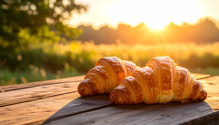 A two fresh croissant pastry on rustic wooden table. peaceful outdoor breakfast meal in morning with beautiful sunrise creating warm golden hour light in backgroundの素材