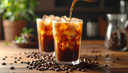 A refreshing cold brew coffee pouring into glass with ice on rustic wooden table. an invigorating dark beverage with scattered beans creating perfect morning drinkの素材
