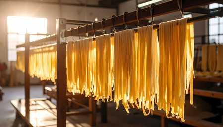 A fresh homemade italian pasta noodle drying on rack in traditional kitchen. golden sunlight creates warm atmosphere for this traditional food, beautiful cooking processの素材
