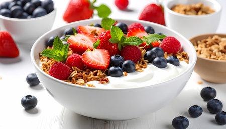 A delicious bowl of healthy yogurt with fresh fruit like strawberry, blueberry, and raspberry. this appetizing breakfast includes crunchy granola and sprig of mint for freshnessの素材