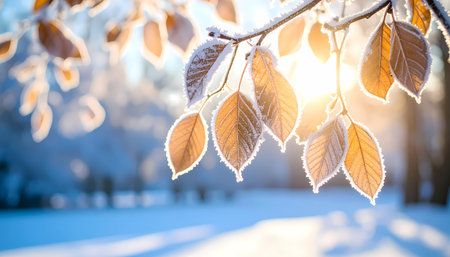 A peaceful winter morning scene with frozen leaf on branch covered in frost. golden sun shines through tree creating serene, tranquil, natural background with warm lightの素材