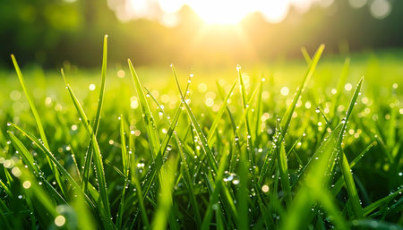 A peaceful morning scene with fresh green grass and sparkling dew drop in sunny field. bright sun light creates beautiful, hopeful nature background for new dayの素材