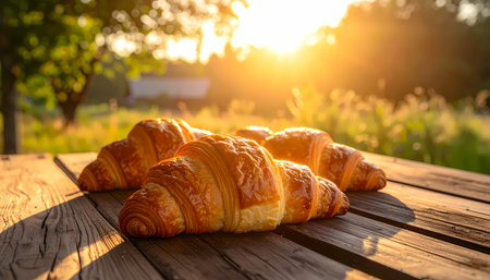 A delicious golden brown croissant for breakfast on rustic wooden table outdoor. fresh baked pastry in morning sunrise creates warm and inviting feelingの素材