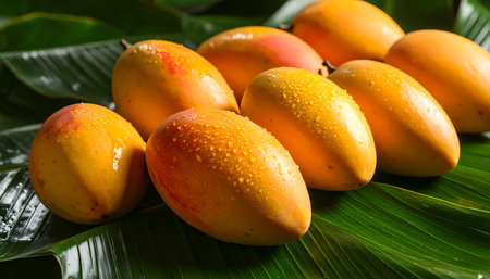 A vibrant group of fresh ripe yellow mango fruit with water drop on green tropical leaf. healthy natural food background showcasing juicy raw organic produce for healthy dietの素材