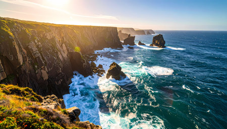 A beautiful and majestic coastal landscape at sunset with dramatic sun flare over ocean. high cliffs meet powerful blue sea as waves crash against rocky shoreの素材