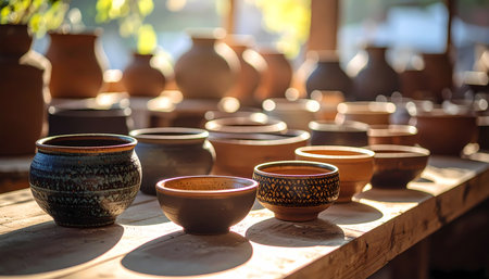 A collection of handmade ceramic pottery bowls and pots sit on rustic wooden table in workshop. warm sunlight creates peaceful and artistic atmosphere of traditional craftの素材