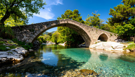 A peaceful ancient stone arch bridge over clear turquoise river in summer landscape. beautiful nature scene for travel and tourism in greece with lush green forestの素材