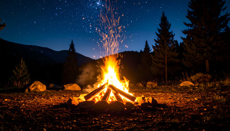 A serene campfire glowing in dark forest, its warm fire sending up bright flame and spark into starry night. peaceful outdoor scene for camping adventureの素材