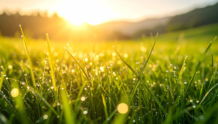A peaceful morning sunrise with golden sun light on fresh green grass covered in dew. beautiful nature field landscape background represents new day, hope, and tranquilityの素材