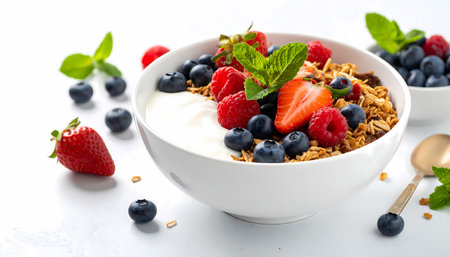 A healthy breakfast food bowl with granola, yogurt and fresh berry. delicious and wholesome mix of ripe strawberry, blueberry and raspberry for nutritious start to dayの素材