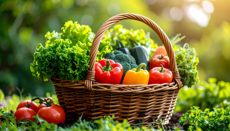 A vibrant wicker basket full of fresh organic vegetable from garden. healthy food like tomato, pepper, and broccoli for vegetarian diet in warm sunlight of harvestの素材