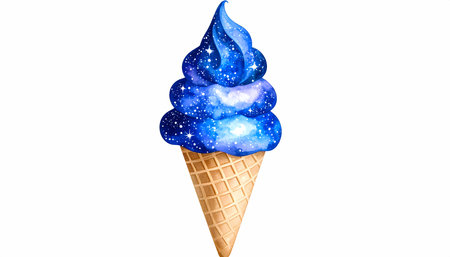 A dreamy, whimsical watercolor illustration of galaxy ice cream in waffle cone. this cosmic blue sweet dessert creative fantasy food concept isolated on white backgroundの素材