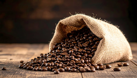 An aromatic fresh roasted brown coffee bean spilling from burlap sack onto rustic dark wood table. rich aroma evokes feeling of warmth and energy for morning brewの素材
