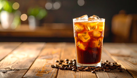 A refreshing glass of iced coffee or cold brew on rustic wood table. this cool beverage with ice cube and scattered coffee bean makes for perfect morning drink at cafeの素材